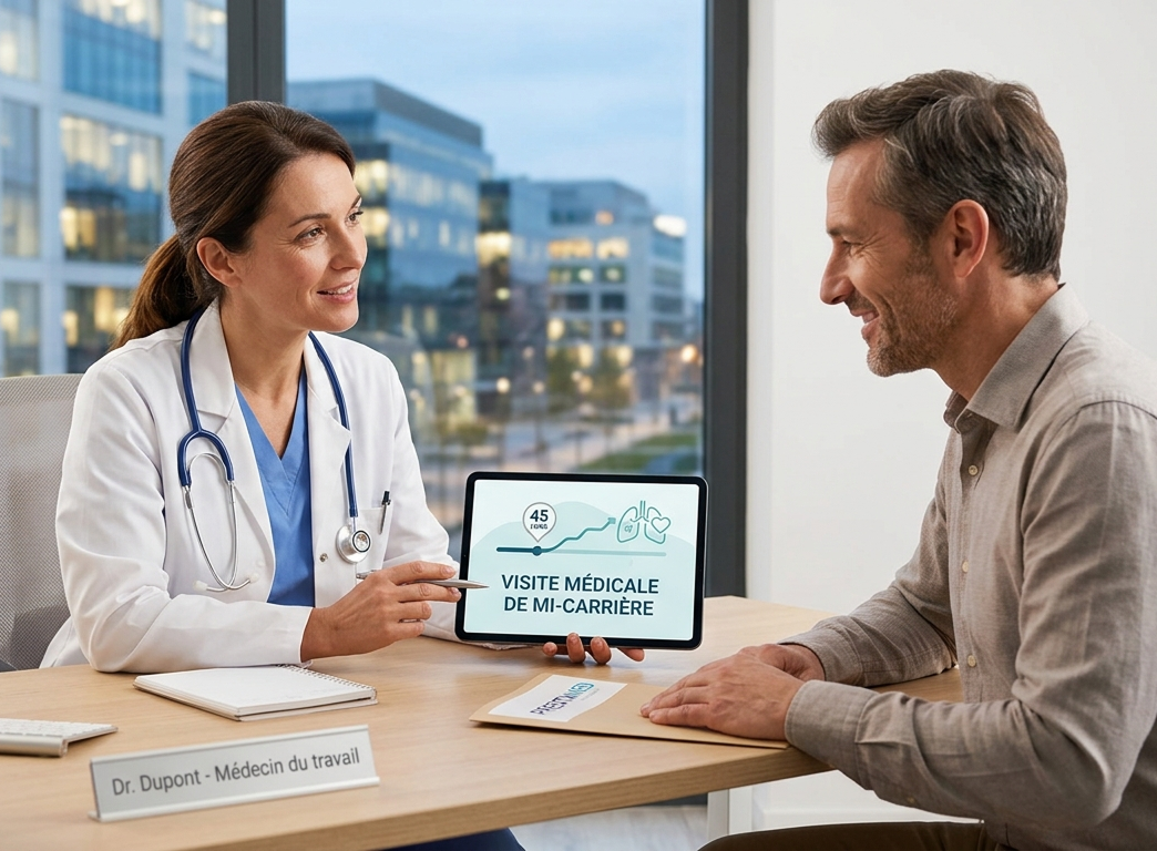 Médecin du travail en consultation avec un salarié de 45 ans pour une visite médicale de mi-carrière, illustrant la prévention de l'usure professionnelle.